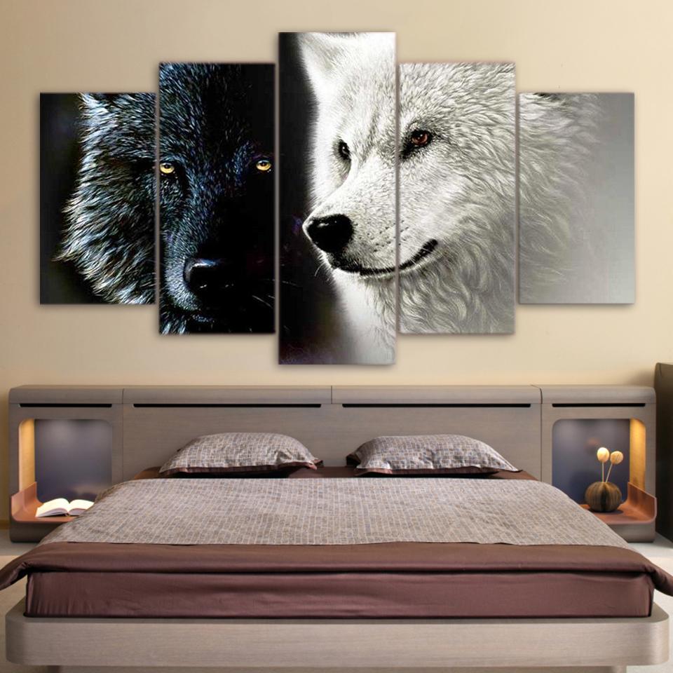 Abstract Black White Wolf Couple 5 Piece Canvas Art Wall Decor - Canvas Prints Artwork