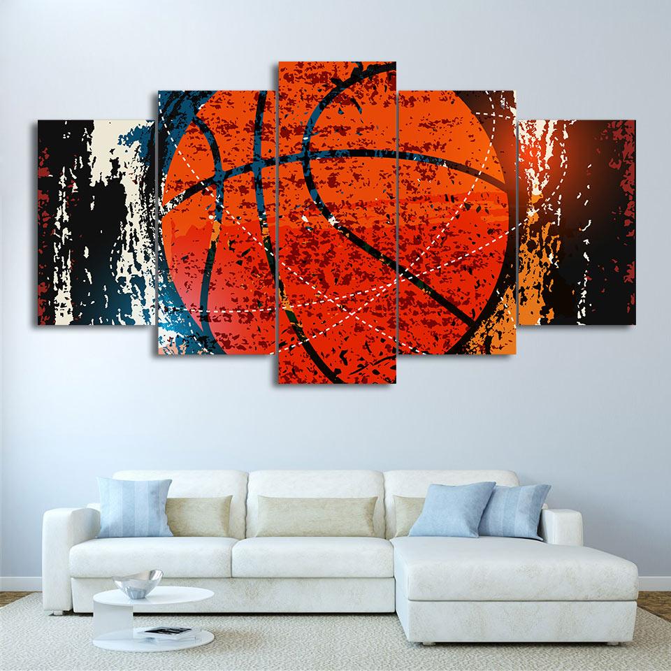 Abstract Red Basketball Painting Gym Poster 5 Piece Canvas Art Wall Decor - Canvas Prints Artwork