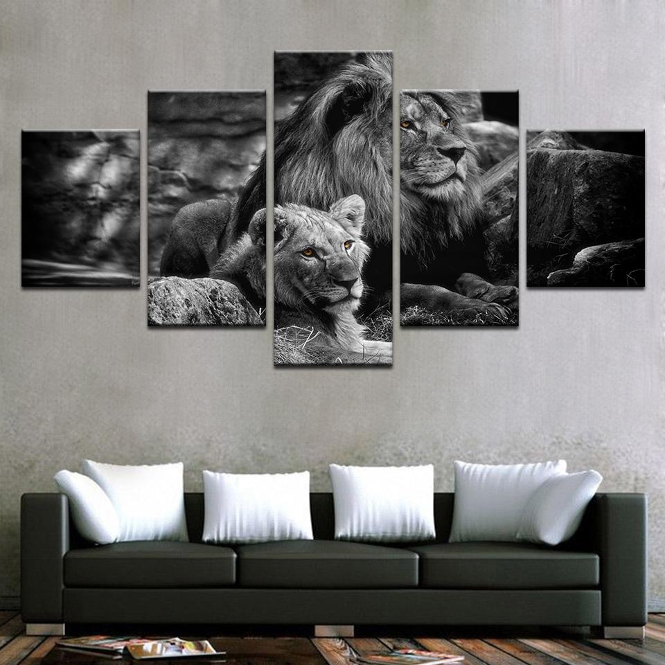 Black White Animal Pictures King Of The Forest Lions Painting 5 Piece Canvas Art Wall Decor - Canvas Prints Artwork