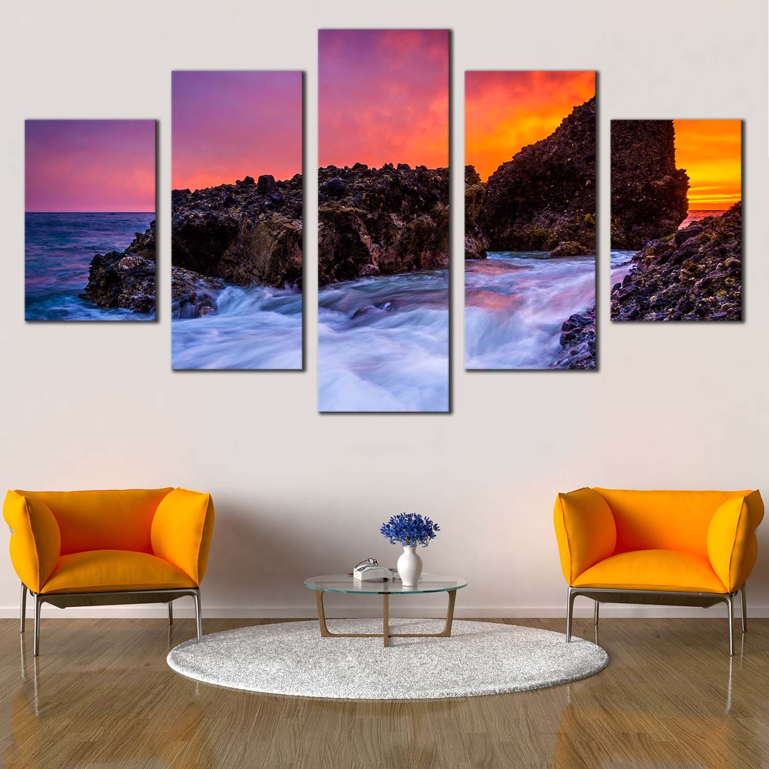 California Ocean , Orange Laguna Beach Sunset , Blue Waves Rocks Ocean Artwork 5 Piece Canvas Art Wall Decor - Canvas Prints Artwork