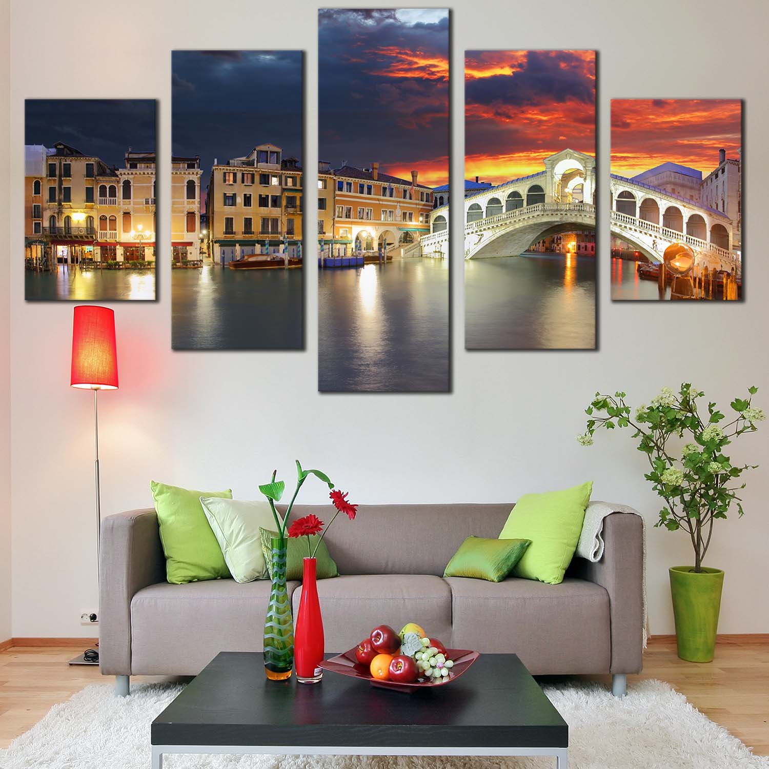Italy Bridge , Beautiful Ponte Rialto , Grey Venice City Gondola Seascape , Dramatic Orange Cloudy Sunset Sky 5 Piece Canvas Art Wall Decor - Canvas Prints Artwork