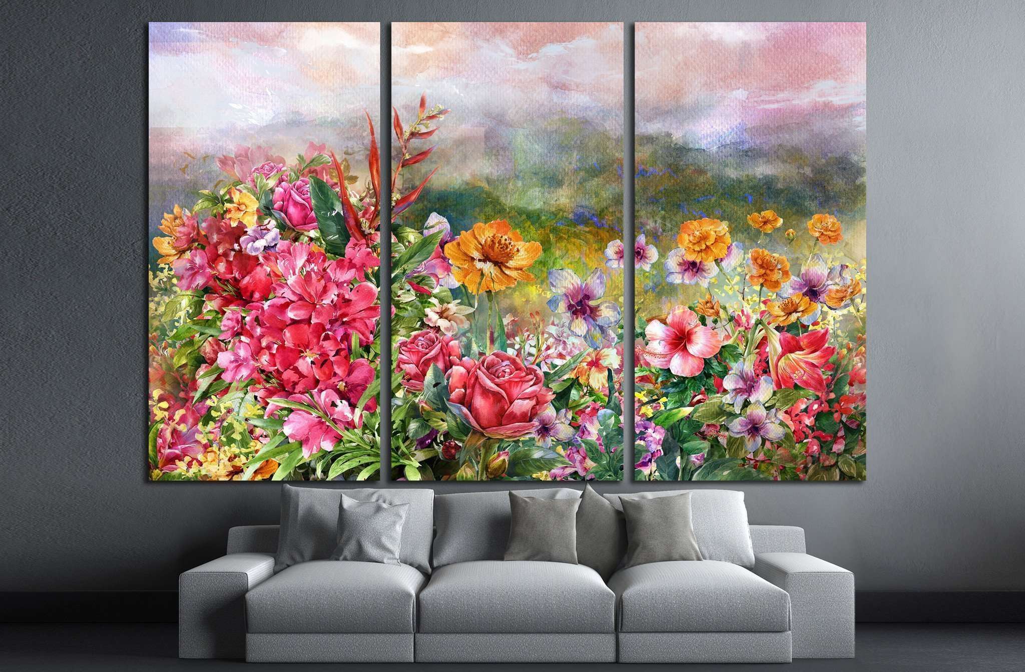 landscape of multicolored flowers watercolor painting Canvas Art Wall ...