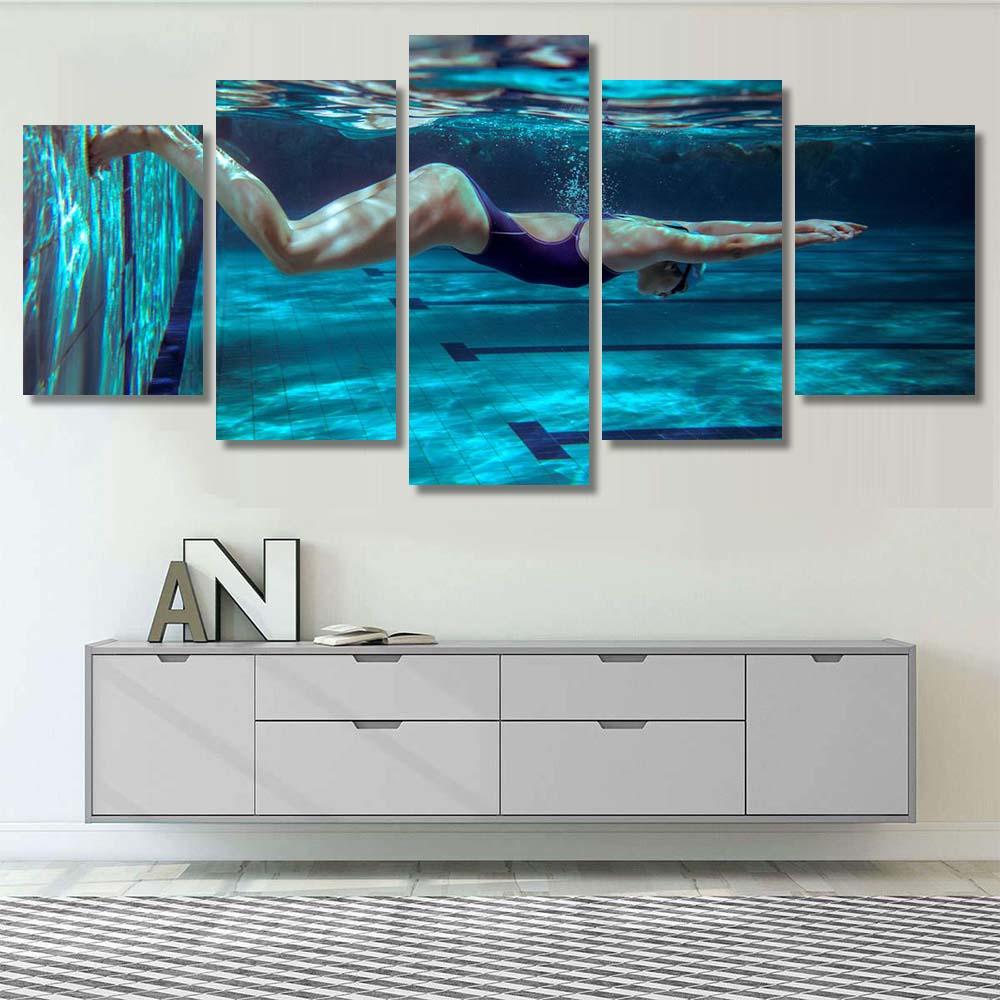 Underwater Female Swimmer In Swimming Pool - Sports And Recreation 5 Piece Canvas Art Wall Decor